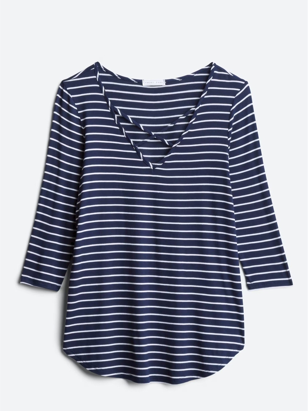 Emory Park Dulce 3/4 Length Sleeve Striped Navy V-Neck Cross Front Women's Top